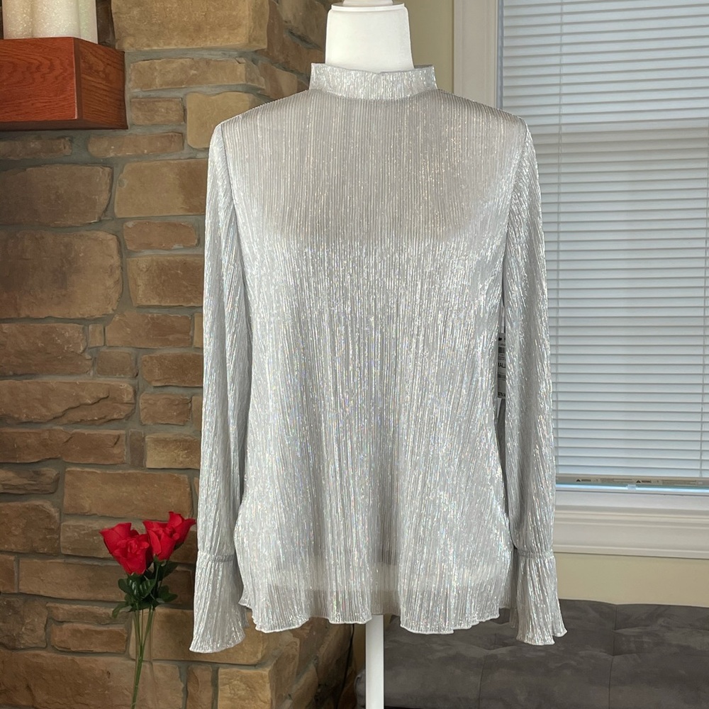 ALFANI ~ Metallic Ruffle-Neck Top ~ Silver ~ NWT!